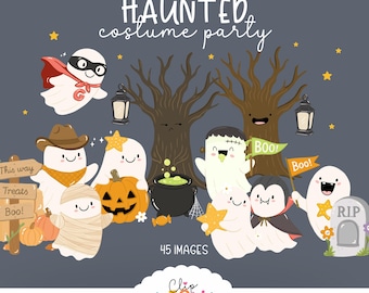 Conjunto de imágenes prediseñadas de fantasmas, paquete PNG de fiesta de disfraces de Halloween (descarga digital)