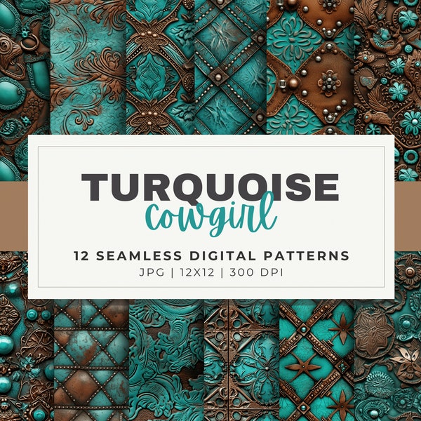 Turquoise Cowgirl Digital Papers, 12 Downloadable Seamless Patterns, JPG Download, Rustic Leather Texture, Western Theme, Junkjournal Papers