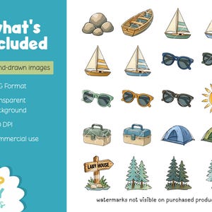 May include: A collection of 110 hand-drawn images featuring outdoor and travel-themed illustrations. Includes sailboats, sunglasses, a tent, a sun, and a lake house sign. The text "what's included" and "CLIP JOY studios" are also visible.