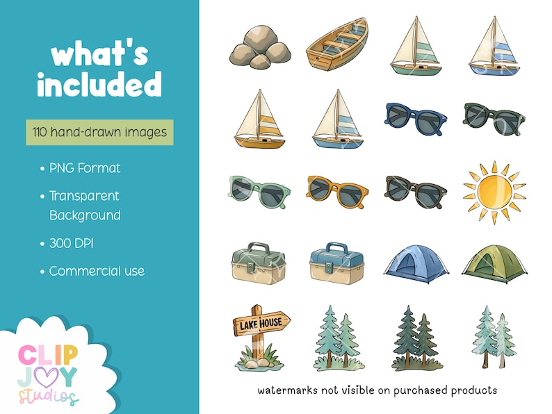 May include: A collection of 110 hand-drawn images featuring outdoor and travel-themed illustrations. Includes sailboats, sunglasses, a tent, a sun, and a lake house sign. The text "what's included" and "CLIP JOY studios" are also visible.
