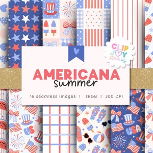May include: A collection of 16 seamless digital images with an Americana theme. The patterns feature patriotic motifs like stars, stripes, flags, and popsicles in red, white, and blue. The text "AMERICANA Summer" is displayed on a light pink background.