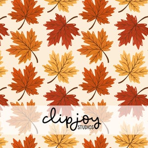 May include: A repeating pattern of maple leaves in shades of red, orange, and yellow on a cream background. The leaves are illustrated with dark brown veins and outlines. A white horizontal banner across the bottom displays the text clipjoy STUDIOS.