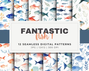 Fantastic Fish Abstract Patterns Digital Paper, 12 Seamless, 12x12 Aquarium Design, for Digital Background, Scrapbook, Sublimation Crafts