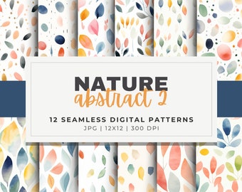 Nature Floral Patterns Digital Paper, 12 Seamless, 12x12 Abstract Watercolor Design, for Digital Background, Scrapbook, Sublimation Crafts