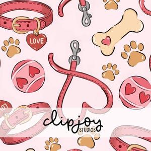 Puede incluir: Patrón repetitivo de collares y correas rosas para perros, huellas de patas y pelotas con diseños de corazones. Los collares tienen hebillas doradas y etiquetas en forma de corazón con la palabra "LOVE". Las correas tienen cierres plateados. Fondo rosa claro.