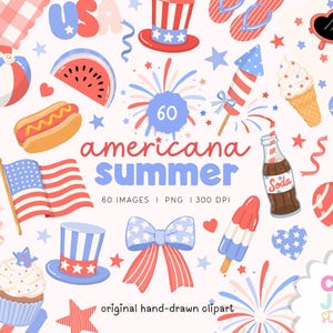 Puede incluir: Una colección de ilustraciones con temática americana, que incluye una bandera estadounidense ondeando, un perrito caliente, una rodaja de sandía, helado y fuegos artificiales. El texto "americana summer" se muestra con el número "60" y las palabras "original hand-drawn clipart".