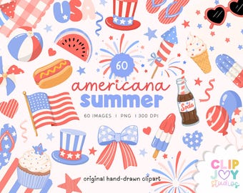 Americana Summer Clipart Set, 4th of July PNG, Patriotic Icons Bows Flags