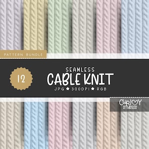 May include: A selection of 12 seamless cable knit patterns in pastel shades such as grey, yellow, green, pink, and blue. The patterns are arranged vertically, with the text "Seamless Cable Knit" and "Pattern Bundle" visible.