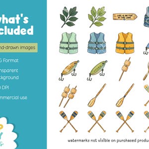 May include: A collection of hand-drawn watercolor illustrations with a lake theme. The image includes life vests, fishing lures, oars, marshmallows on sticks, a fishing net, and a sign that reads "Life is Better at the Lake."