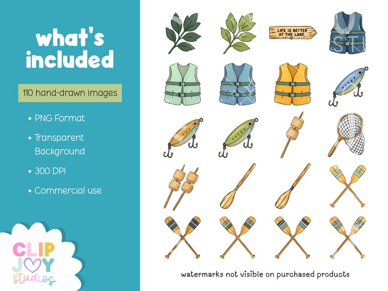 May include: A collection of hand-drawn watercolor illustrations with a lake theme. The image includes life vests, fishing lures, oars, marshmallows on sticks, a fishing net, and a sign that reads "Life is Better at the Lake."