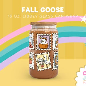 秋のガチョウ柄ガラス缶ラップPNG：秋の昇華プリントデザイン（16オンス リビー缶、9.4x4.3インチ）