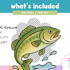 May include: Hand-drawn clipart image of a leaping fish in shades of green and yellow, with water droplets. The image includes the text "what's included", "110 PNGs | 300 DPI", "hand-drawn", "HIGH QUALITY CLIPART", and the "CLIP JOY studios" logo.
