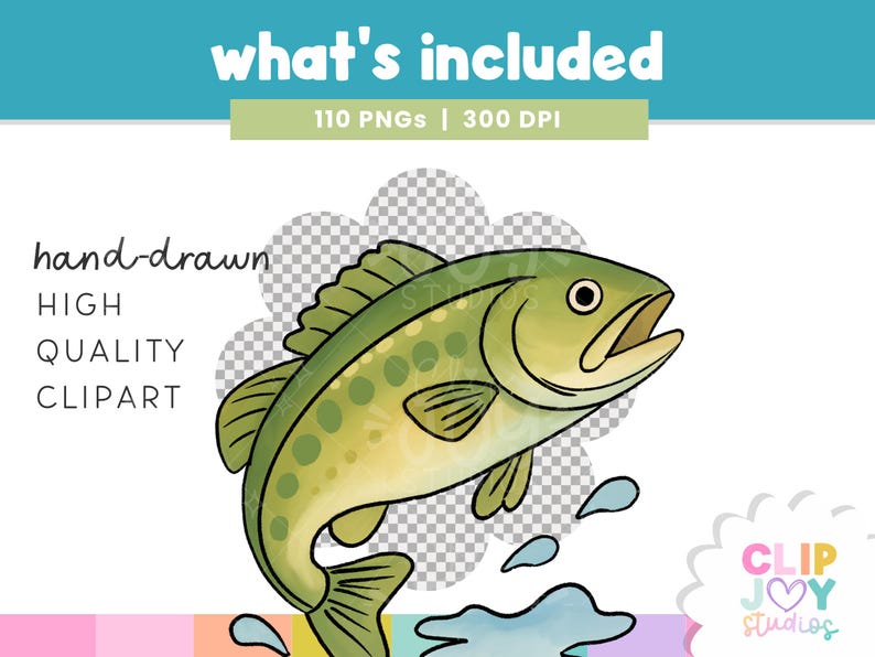 May include: Hand-drawn clipart image of a leaping fish in shades of green and yellow, with water droplets. The image includes the text "what's included", "110 PNGs | 300 DPI", "hand-drawn", "HIGH QUALITY CLIPART", and the "CLIP JOY studios" logo.