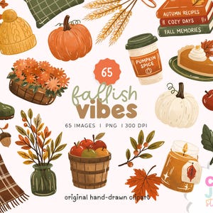 Op de afbeelding: Een digitale collectie van 65 handgetekende herfstillustraties, waaronder pompoenen, een gebreide muts, een groene laars, een plaid, een pumpkin spice koffiebeker, een stuk taart, appels in een mand, een kaars en herfstbladeren.