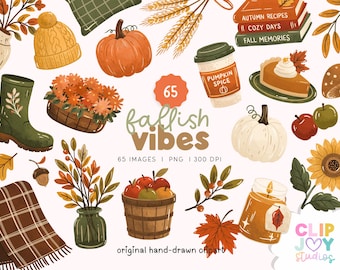 May include: A digital collection of 65 hand-drawn autumn-themed illustrations including pumpkins, a knit hat, a green boot, a plaid blanket, a pumpkin spice coffee cup, a slice of pie, apples in a basket, a candle, and fall foliage.