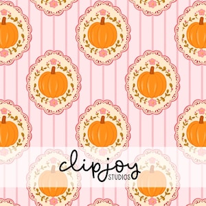 May include: A repeating pattern featuring orange pumpkins centered within scalloped cream-colored frames decorated with small pink flowers and green vines, all set against a background of vertical light pink and white stripes with the text clipjoy STUDIOS.