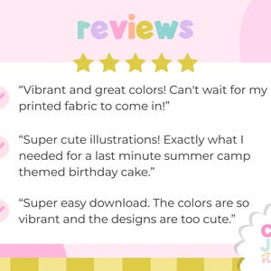 May include: A pastel-colored graphic with the word "reviews" at the top, five gold stars, and customer testimonials. The testimonials praise the vibrant colors, cute illustrations, and ease of download. The Clip Joy Studios logo is in the bottom right.