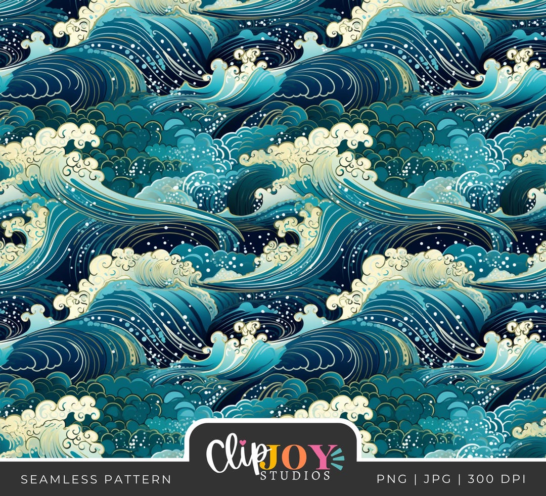 Japanese Waves Artistic Ocean Seamless Pattern, Blue Abstract Swirling ...