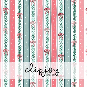 May include: A repeating pattern featuring vertical stripes in shades of pink, muted green, and white with polka dots. Interspersed are vertical green garlands adorned with red and pink bows. The text clipjoy STUDIOS is centred horizontally.