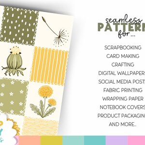 Op de afbeelding: Een digitaal naadloos patroon met gele paardenbloemen, groen blad en witte bloemmotieven in een raster. De tekst luidt: seamless PATTERN for... SCRAPBOOKING, CARD MAKING, CRAFTING, DIGITAL WALLPAPERS, SOCIAL MEDIA POSTS, FABRIC PRINTING, WRAPPING PAPER, NOTEBOOK COVERS, PRODUCT PACKAGING AND MORE. CLIP JOY studios logo.