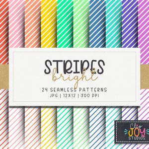Bright Striped Digital Paper Pack - 24 Seamless Patterns in Vibrant Colors - Striped Background for Crafting, Scrapbook, Commercial Use