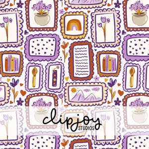 May include: A repeating pattern on a white background featuring various rectangular frames in purple and orange. Inside the frames are illustrations of potted plants, rainbows, books, paintbrushes, candles, mountains, and text. The text clipjoy STUDIOS is overlaid.