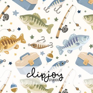 May include: A repeating pattern featuring illustrations of fish, fishing rods, tackle boxes, lures, bobbers, and stars in shades of blue, green, tan, and brown on a white background. The text "clipjoy STUDIOS" is also present.