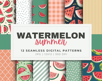 Seamless Watermelon Digital Paper Printable Watermelon Pattern Pink Green Clipart Summer Fruit Background, Sublimation, POD, Commercial Use