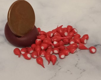 May include: A pile of red and white candy radishes, a popular edible decoration for miniature dollhouses and fairy gardens.