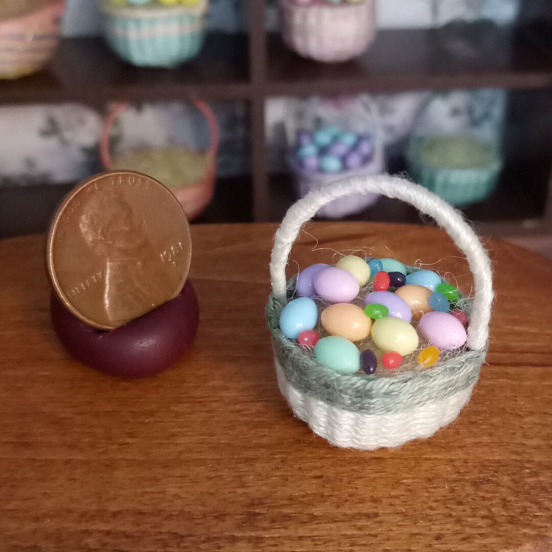 Miniature Dollhouse Hand Woven Yellow and Fern Green Easter Basket With ...