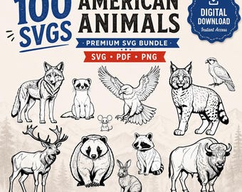 Amerikanische Tiere SVG Bundle, PNG 300 dpi: 100 Designs (Digitaler Download)