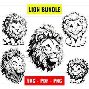 ライオン SVG、ベビーライオンアウトラインバンドル、PNG、PDF 動物 svg ライオンヘッドベクター Cricut 300 dpi ライオンフェイスバンドル svg デジタルダウンロード即時