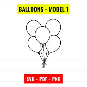 May include: A black and white line drawing of five balloons tied together. The balloons are round and have a simple design.