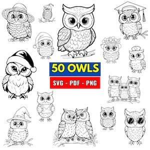 May include: A collection of black and white line art illustrations featuring 50 owls in various poses and accessories, including hats, glasses, and a graduation cap. The central text reads 50 OWLS, SVG - PDF - PNG, presented as a digital file set.