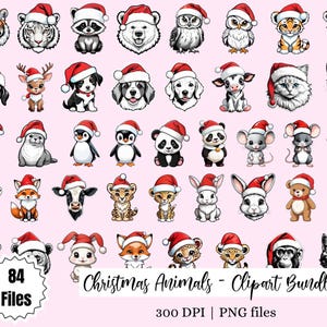 Cute Animals wearing Christmas hat Clipart Bundle, Santa hat, PNG 300 dpi, Christmas animal Illustrations Pack, Instant Download Digital