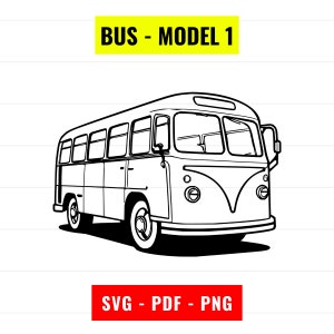 May include: A black and white line drawing of a classic bus. The bus features multiple windows, a rounded front, and the text "BUS - MODEL 1" in a yellow rectangle. The text "SVG - PDF - PNG" is in a red rectangle below.