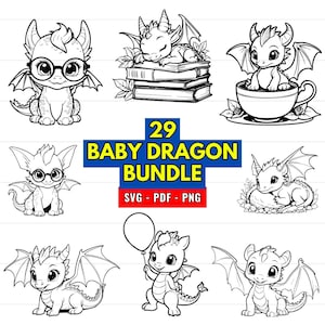 May include: A set of 29 black and white illustrations of baby dragons in various poses. The illustrations include dragons wearing glasses, sleeping on books, sitting in a teacup, and holding a balloon. The text "29 Baby Dragon Bundle SVG - PDF - PNG" is included in the image.