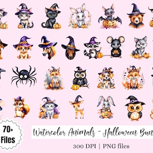 Watercolor Animals Clipart Bundle 72 PNG 300 dpi Illustrations for Halloween (Digital Download)