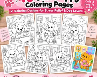 Kleurboek van Puffy de Hond, 40 ontwerpen (printbare PDF-download)