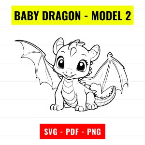 May include: A black and white line drawing of a baby dragon with large eyes and wings. The dragon is sitting on its hind legs with its tail curled around its body. The text "BABY DRAGON - MODEL 2" is above the dragon and the text "SVG - PDF - PNG" is below the dragon.