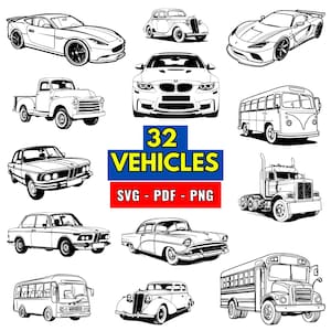 Vehicle SVG Bundle, PNG 300 dpi: 32 Car Outline Designs (Digital Download)