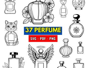 Perfume Bottle Outline SVG Bundle, PNG 300 dpi: 37 Floral Elegant Designs (Digital Download)