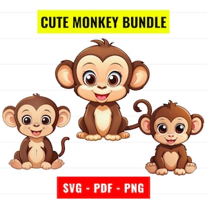 May include: A set of three cute cartoon monkey illustrations. The monkeys are brown with big eyes and smiles. The monkeys are sitting in different poses. The image includes the text "Cute Monkey Bundle" and "SVG - PDF - PNG".