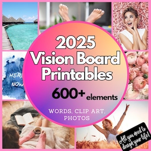 Tablero de visión para imprimir en 2025 Más de 600 imágenes, palabras e imprimibles para crear tus sueños y metas Tablero de visión, tamaño carta de EE. UU. Descarga instantánea en formato PDF