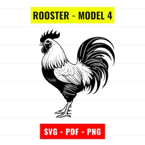 May include: Black and white silhouette of a rooster with a large, flowing tail. The rooster is facing left and has a comb and wattle. The image is labelled "ROOSTER - MODEL 4" and "SVG - PDF - PNG".