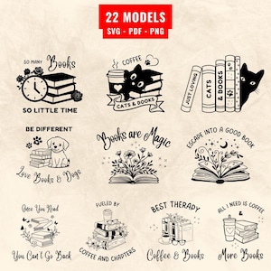 May include: A set of 22 black and white SVG, PDF, and PNG digital downloads featuring book-themed designs. The designs include quotes about books, coffee, cats, and dogs. Some designs feature illustrations of books, coffee cups, cats, and dogs.
