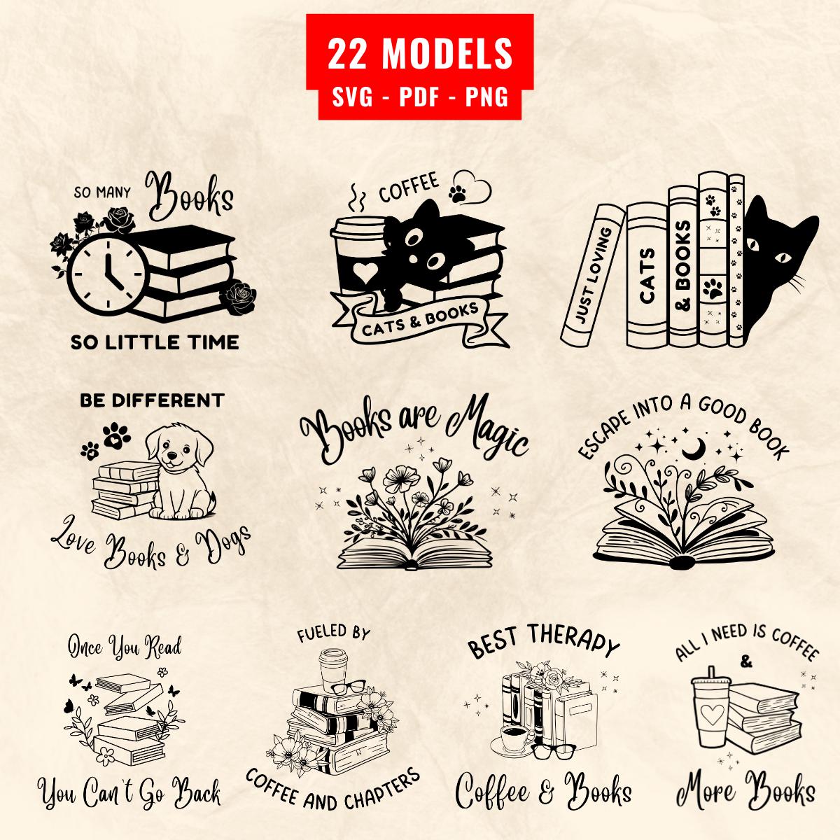 Book Lover SVG Bundle, PNG 300 dpi: Cats, Coffee, Floral Books (Digital Download)