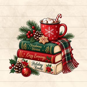 Può includere: Una pila di tre libri intitolati Christmas Stories, Cozy Evenings e Holiday Reads. Una tazza rossa con un fiocco di neve bianco, marshmallow e un bastoncino di zucchero è appoggiata sopra, insieme a rami di pino, una pigna e una sciarpa.
