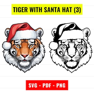 Könnte beinhalten: Ein Tiger mit einem roten Weihnachtsmann-Hut. Das Gesicht des Tigers ist detailliert dargestellt, mit einem ernsten Ausdruck. Der Hintergrund ist weiß mit schwarzen und weißen Streifen.