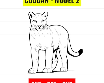 May include: A black and white line art illustration of a standing cougar. Above the animal, a yellow rectangular banner contains the black text COUGAR - MODEL 2. Below the animal, a red rectangular banner contains the white text SVG - PDF - PNG.